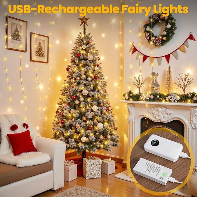 Mlambert LED Fairy Lights Battery Operated with Timer, Rechargeable Mini Twinkle Lights for Christmas Decor Holiday Party, 65.6FT(16.4x4), Warm White