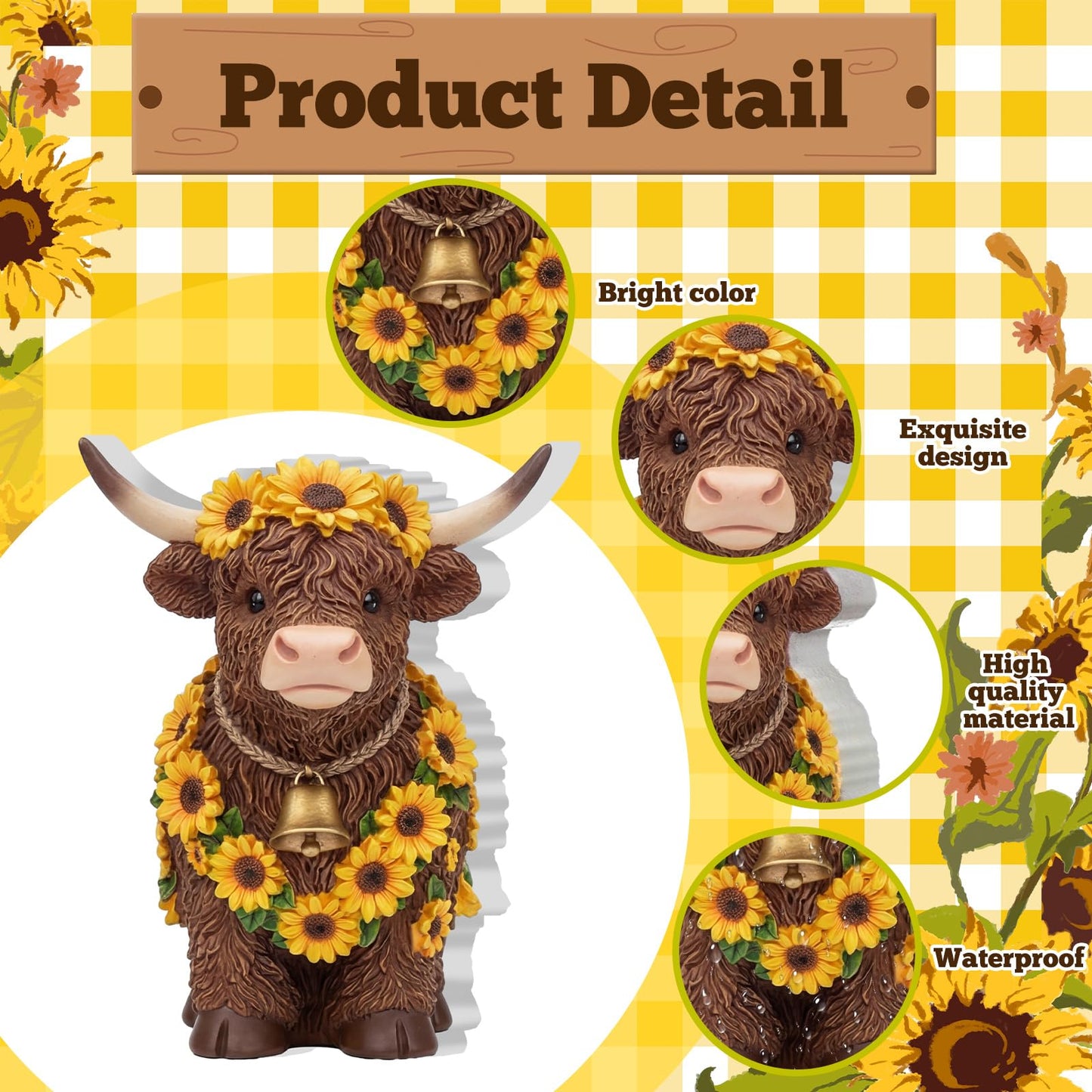 Tradder 6 Pcs Sunflower Highland Cow Table Decorations Spring Highland Cow Wooden Block Signs Farmhouse Table Centerpiece Rustic Tiered Tray Decor for Baby Shower Home Kitchen Office Desk