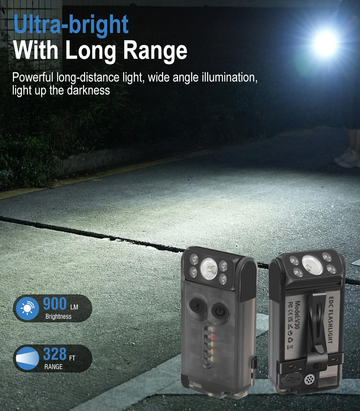 BORUIT V30 Small Keychain Flashlight with Clip, Magnetic, 180° Swivel