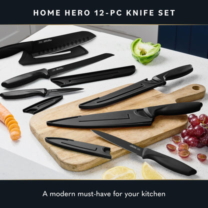 Home Hero Kitchen Knife Set with Sharpener - High Carbon Stainless Steel Knife Block Set with Ergonomic Handles (20 Pcs - Acrylic Black)