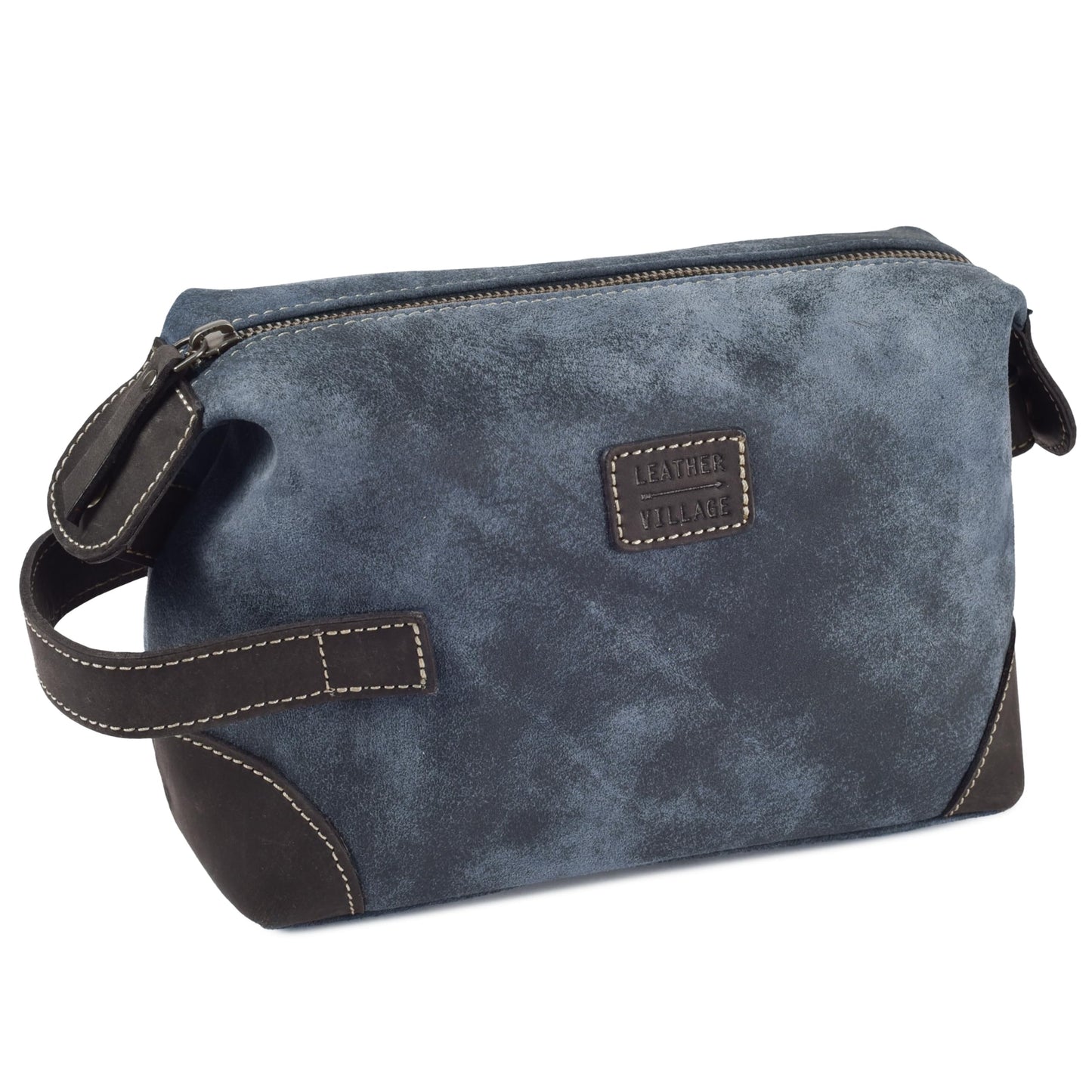 LEATHER VILLAGE Genuine Leather Dopp Kit for Men & Women with Waterproof Lining – Distressed Travel Toiletry Bag, Shaving & Bathroom Essentials Organizer - Distressed Blue