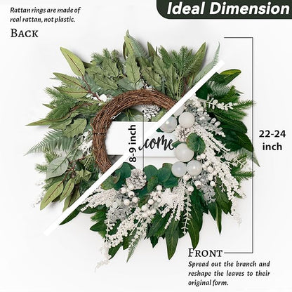 Winter Wreaths for Front Door 24 Inch Christmas & Winter Door Wreath with White Balls and Silver Berries, Festive Holiday Decor for Indoor and Outdoor, Seasonal Winter Home Decoration