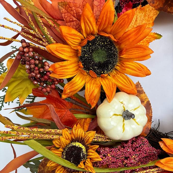 Jobflower Fall Wreaths for Front Door 24 Inch – Autumn Sunflower and Pumpkin Wreath for Halloween, Thanksgiving, Farmhouse Indoor Outdoor Wall or Porch Decor