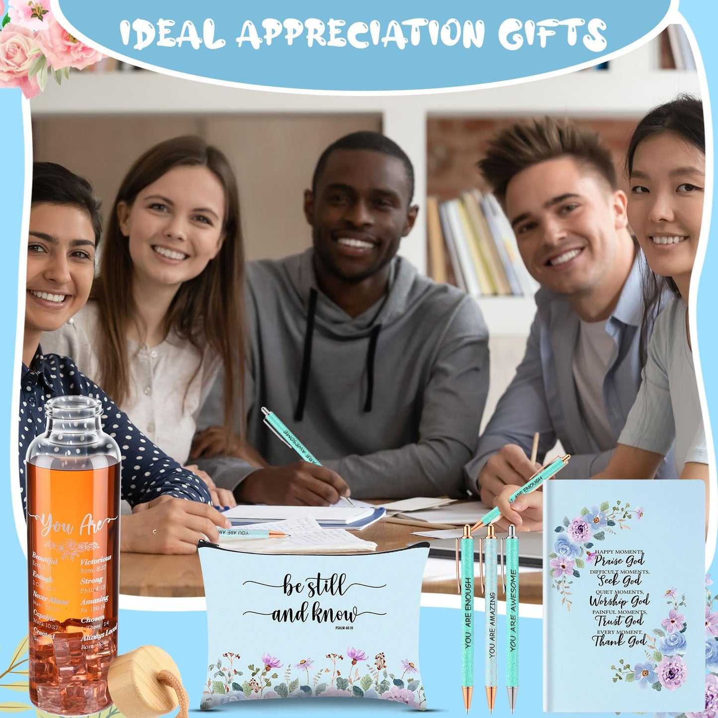 Resholder 6 Pcs Christian Gifts Set for Women Glass Bottle, Makeup Bag, Ballpoint Pens, Religious Scripture Notebook Inspirational Gifts for Sunday School Church(Blue)