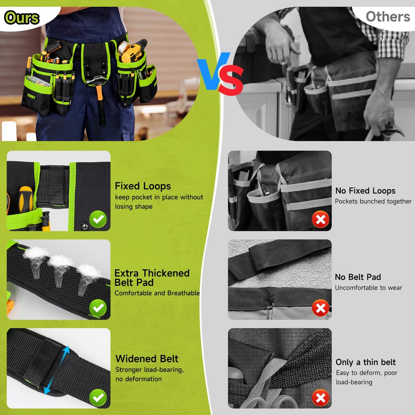 Tool Belt,Magnetic Tool Pouch,27-Pockets Heavy Duty Tool Belts for Men,Detachable Tool Pouch Bag for Electrician,Carpenter,Construction,Work Apron,Utility Belt,Valentines Day Gifts for Men,Black,Green