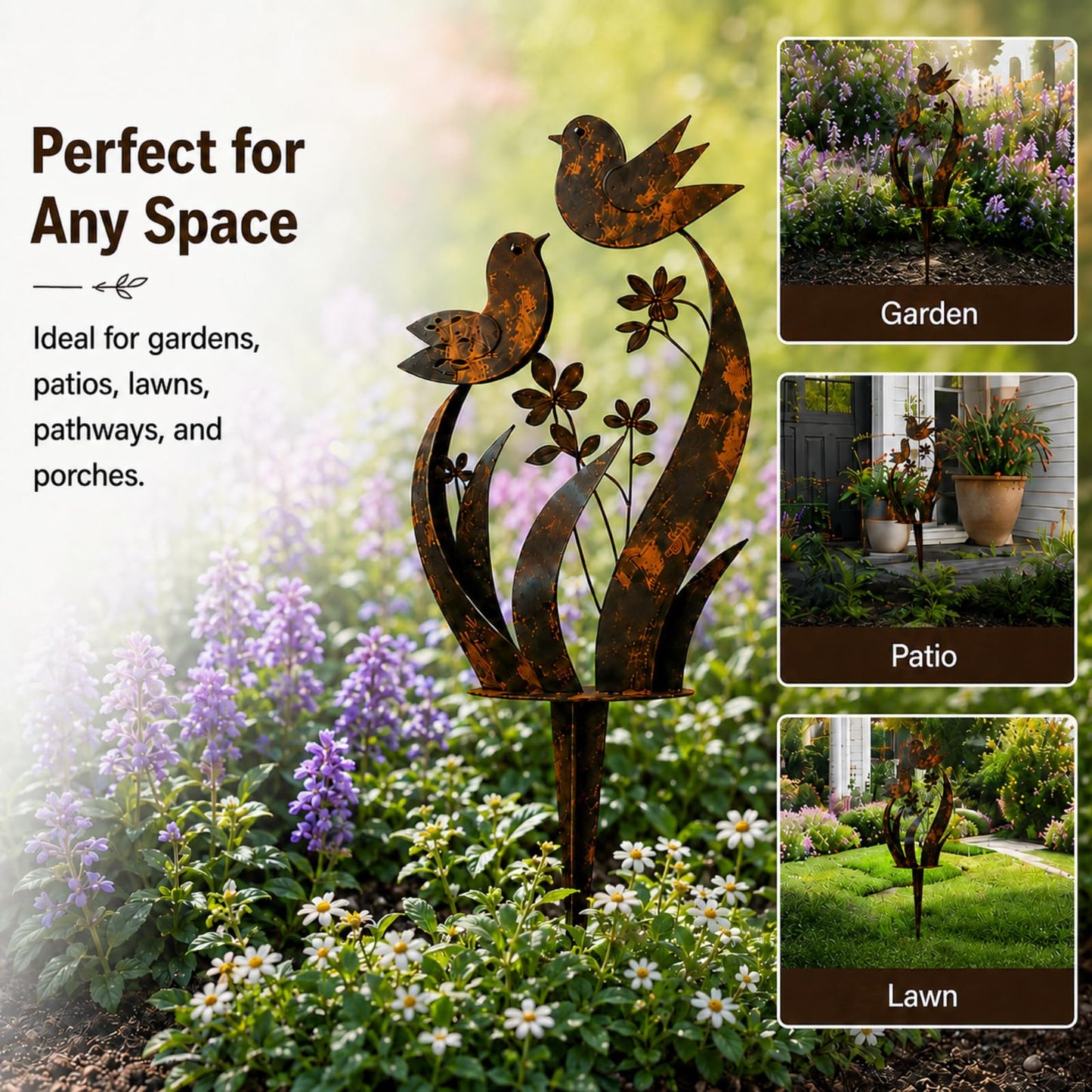 XTGXTG Bird & Wildflower Metal Garden Stake, Rustic Outdoor Yard Art Decor, Weatherproof Decorative Garden Stake for Lawn, Patio, Flower Beds, Planters & Walkways, Gift for Garden Lovers (1 Pack)