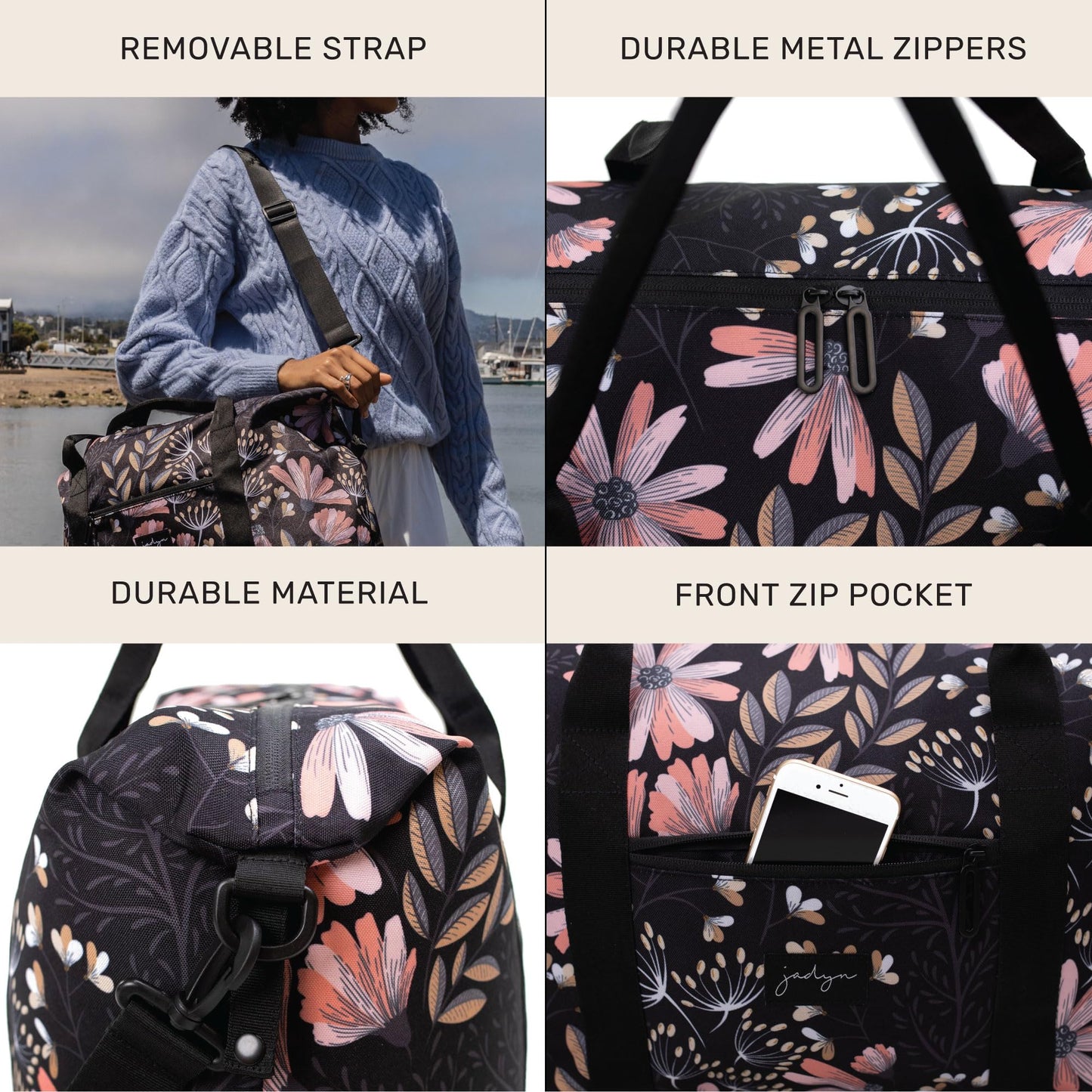 Jadyn Lola Travel Bag, Weekender/Overnight Duffel, Gym Tote Bag for Women, Men (Black Floral)