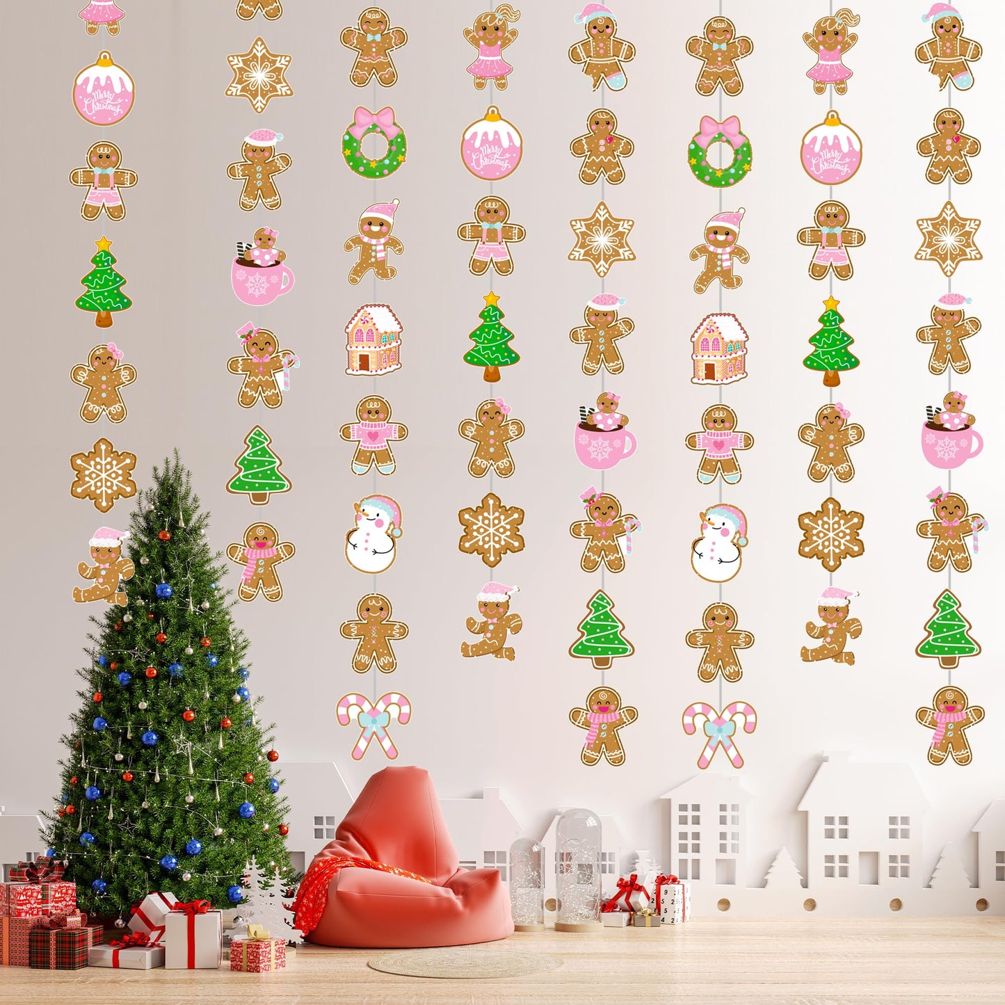 Gingerbread Theme Garlands Pink Christmas Decorations Girls 8Pcs Gingerbread House Xmas Tree Paper Garland Banners Christmas Party Supplies for Winter Holiday Birthday Wall Door Ceiling Decor