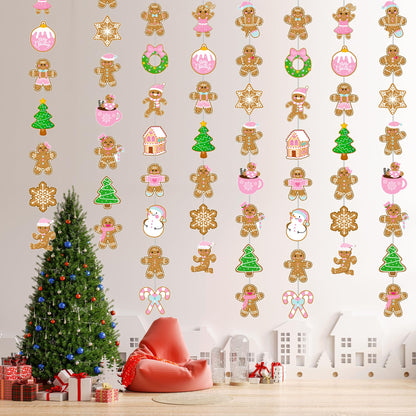Gingerbread Theme Garlands Pink Christmas Decorations Girls 8Pcs Gingerbread House Xmas Tree Paper Garland Banners Christmas Party Supplies for Winter Holiday Birthday Wall Door Ceiling Decor