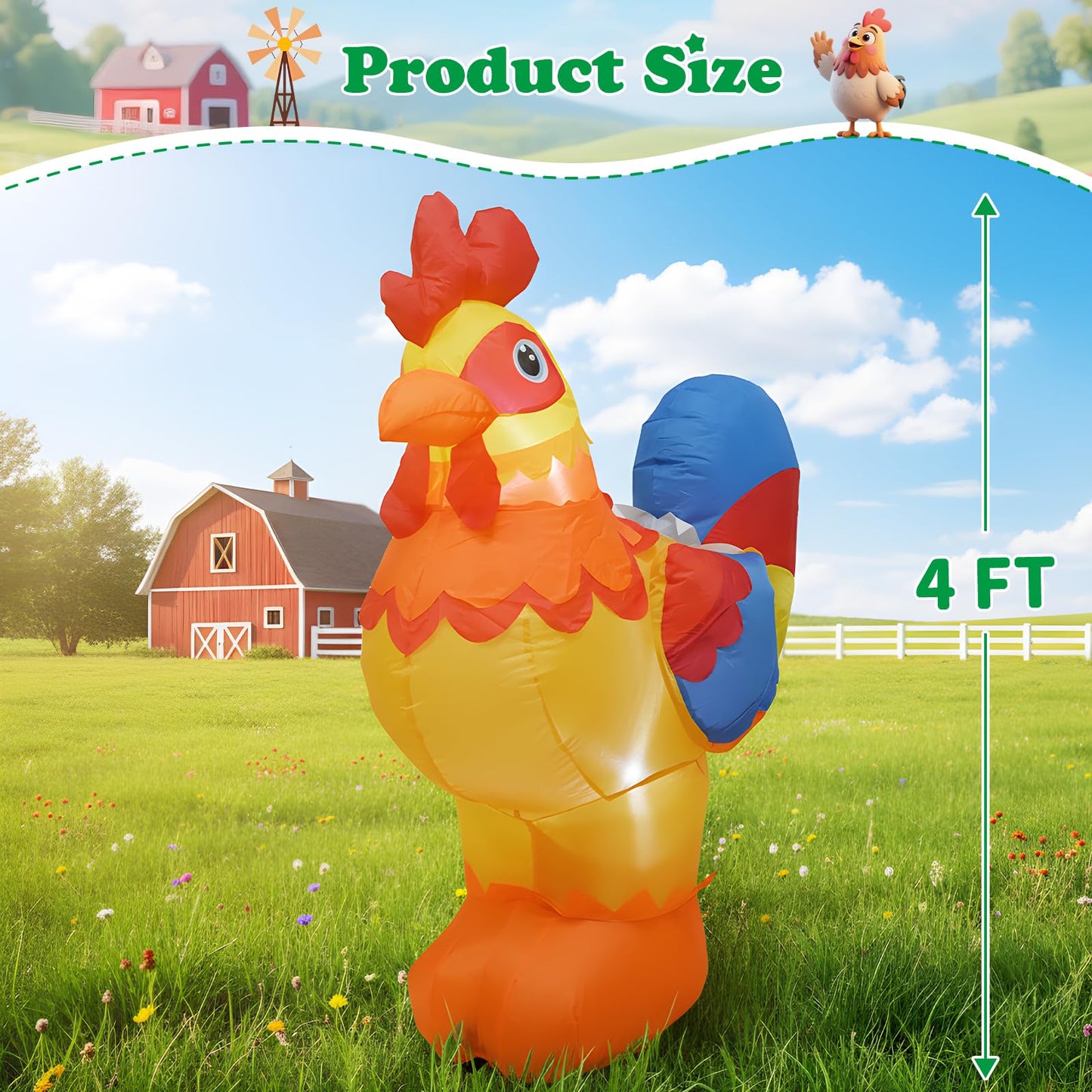 4FT Inflatables Christmas Spring Farm Ranch Blow up Animals Cute Rooster Decorations with LED Light Indoor Outdoor Yard Graden Party Lawn Holiday Decor