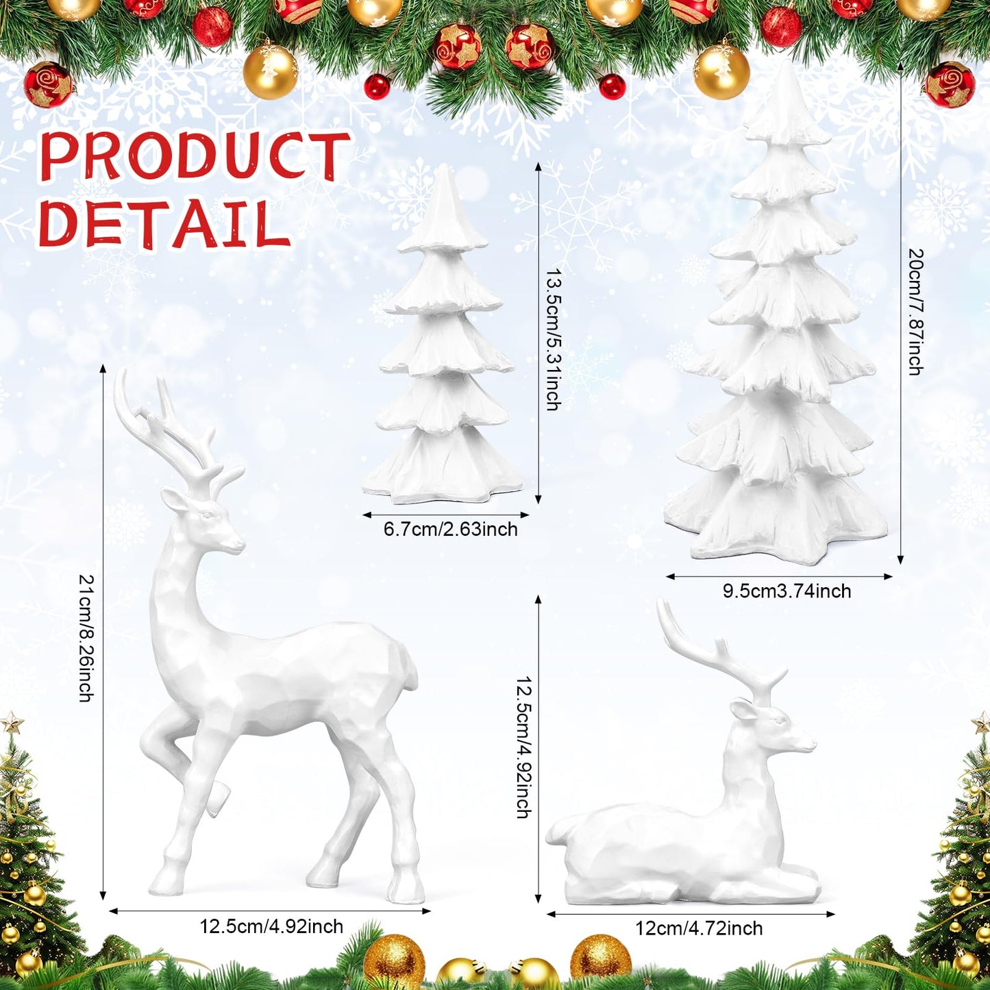 4-Piece White Christmas Tree Figurines and Resin Elk Sculpture Winter Reindeer Decor Resin Christmas Trees,Tabletop Tree Artificial Animal Crafts for Indoor Home Decor,Tabletop Mantle Cabinet Desktop