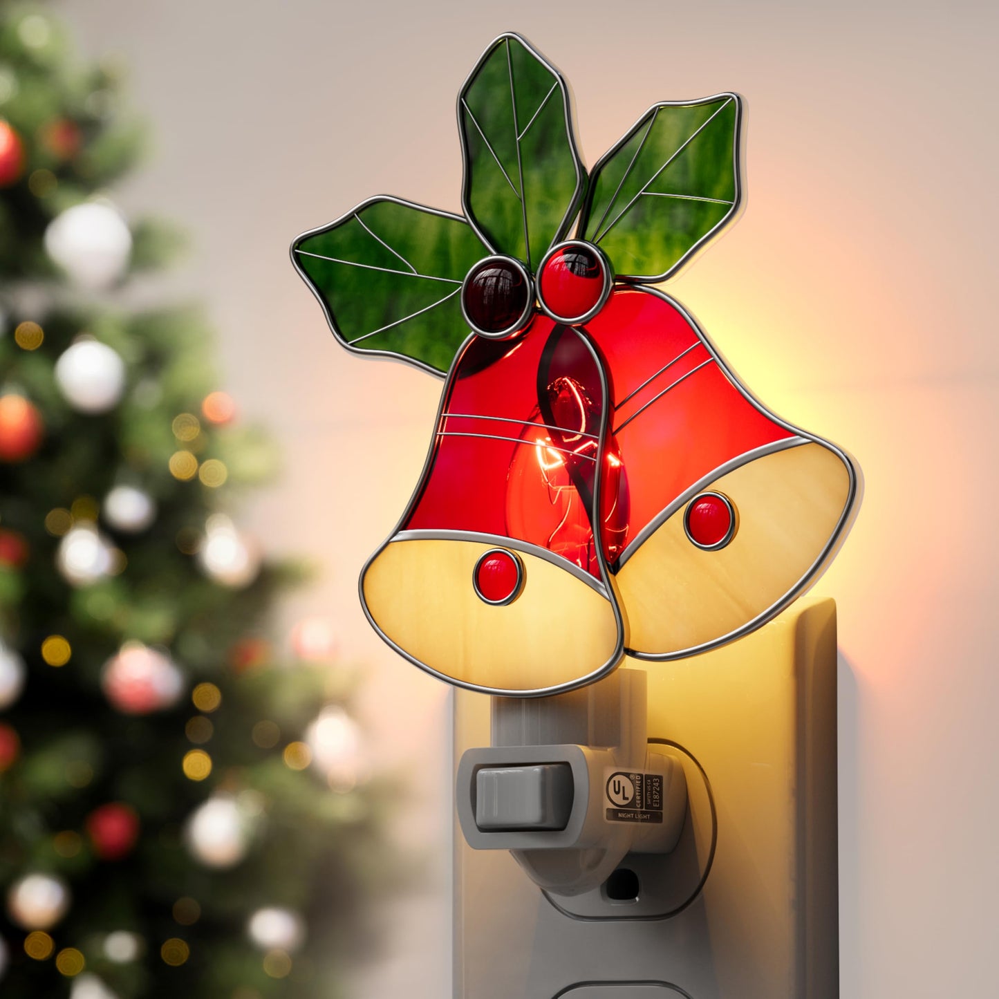 KUNDGLA Night Lights Plug into Wall Christmas Red Bell Stained Glass Night Light Plug in 7W Dusk Warm White Light Switch-On/Off for Adult Kids Room Bathroom Home Decor Gifts for Mom Grandkids