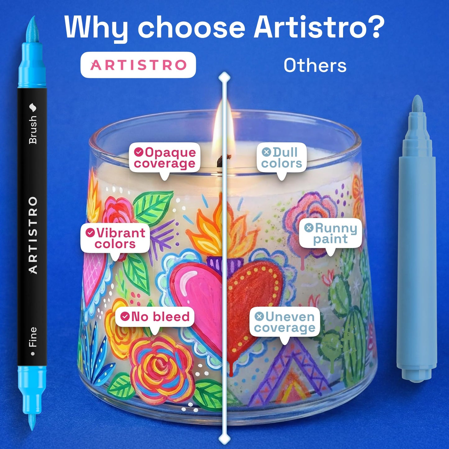 ARTISTRO 24 Glass Acrylic Paint Markers - Erasable Wine Glass Markers - Paint Pens for Windows, Mirrors, Ceramic and Mugs with Brush + Fine Dual-Tip Combo
