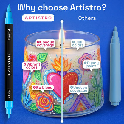 ARTISTRO 24 Glass Acrylic Paint Markers - Erasable Wine Glass Markers - Paint Pens for Windows, Mirrors, Ceramic and Mugs with Brush + Fine Dual-Tip Combo
