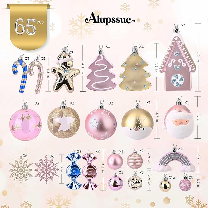 Alupssuc 65pcs Christmas Balls Ornaments Set, Shatterproof Plastic Baubles Gold Gingerbread House, and Tree Topper for Xmas Tree Holiday Wedding Party Decorations with Hanging Strings, Macaron Pink