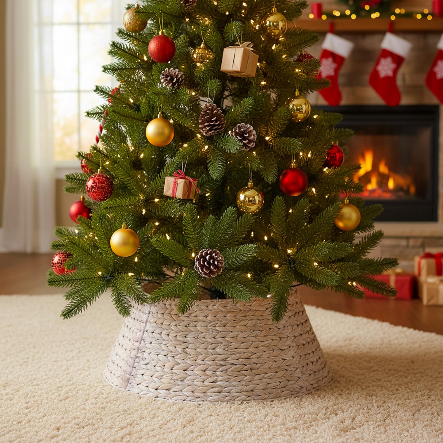 KOLWOVEN Tree Collar Large to Small Christmas Tree, 28" Christmas Tree Ring Adjustable Water Hyacinth Skirt, Christmas Tree Skirt for Decoration, Base Protection from Pets (Water Hyacinth-White)