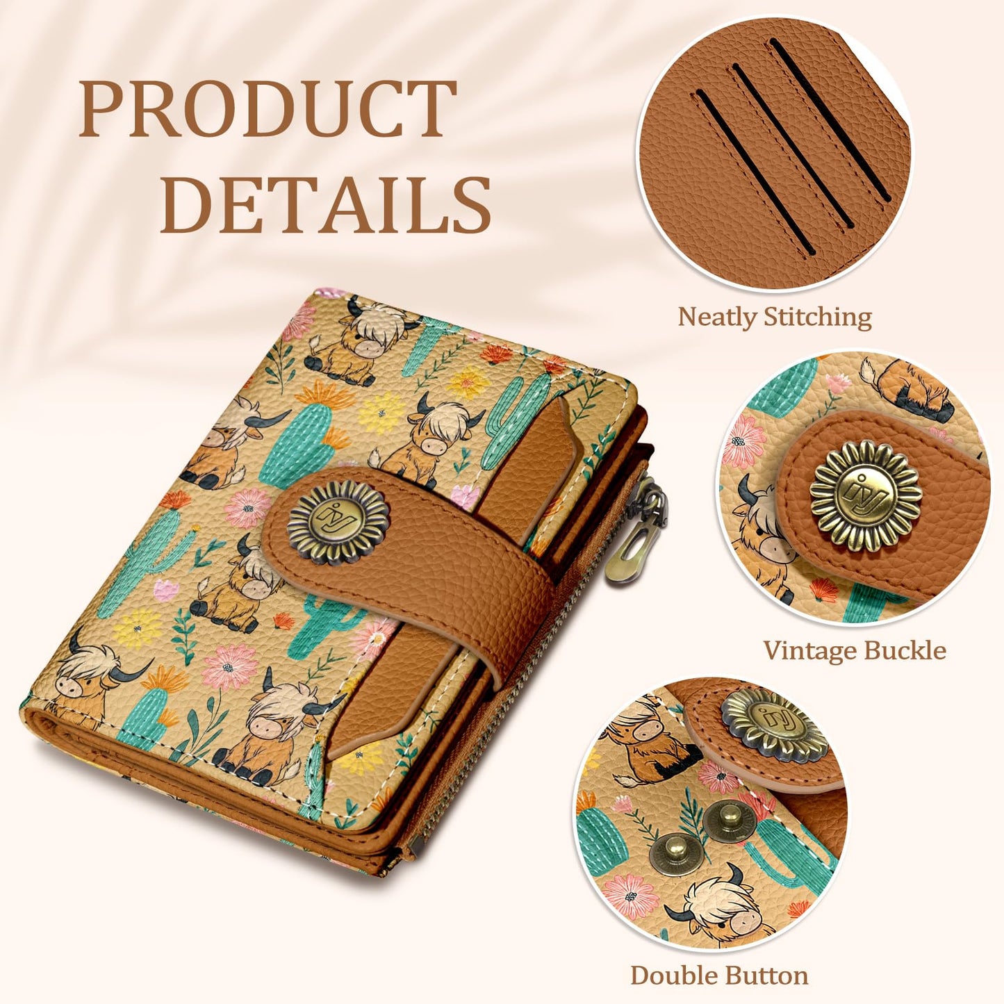 Icycay Highland Cow Small Wallet Women RFID Blocking Bifold, Cute Credit Card Holder, Zipper Coin Pocket, PU Leather, Compact, Travel, 4 ID Window, 14 Card Slots, Cash Purse, Ladies Woman