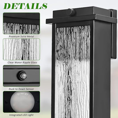 Black LED Dusk to Dawn Outdoor Lighting 2 Packs, 16" Large Outside Farmhouse Wall Lantern, Industrial Porch Wall Mount Light Fixture with Rippled Glass, Waterproof Modern Exterior Sconce Lamp
