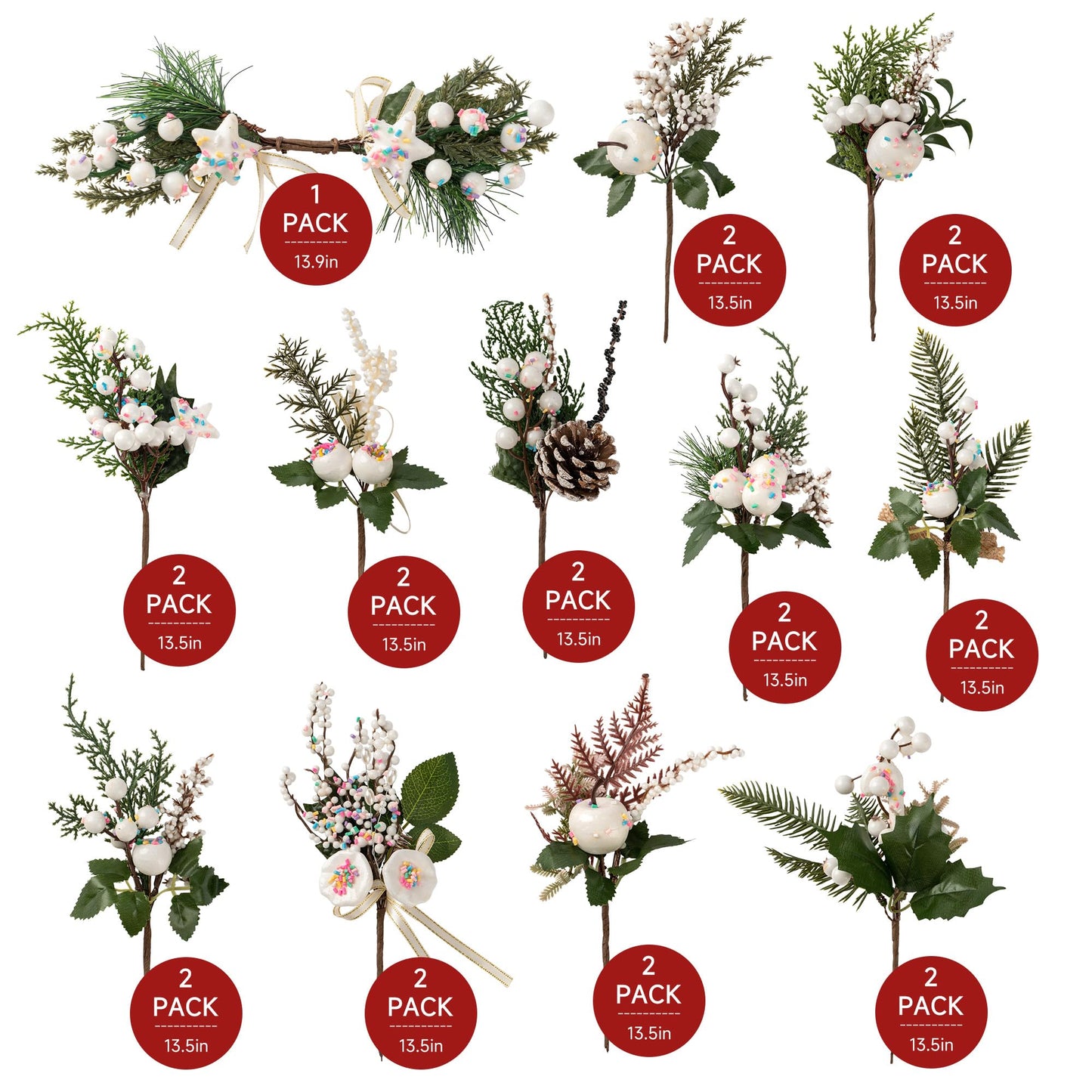 Crafare12 Pack Artificial Christmas Tree Picks Assorted Candy Pine Picks Spray with Pinecones Apples Holly Leaves Winter Holiday Season Decoration
