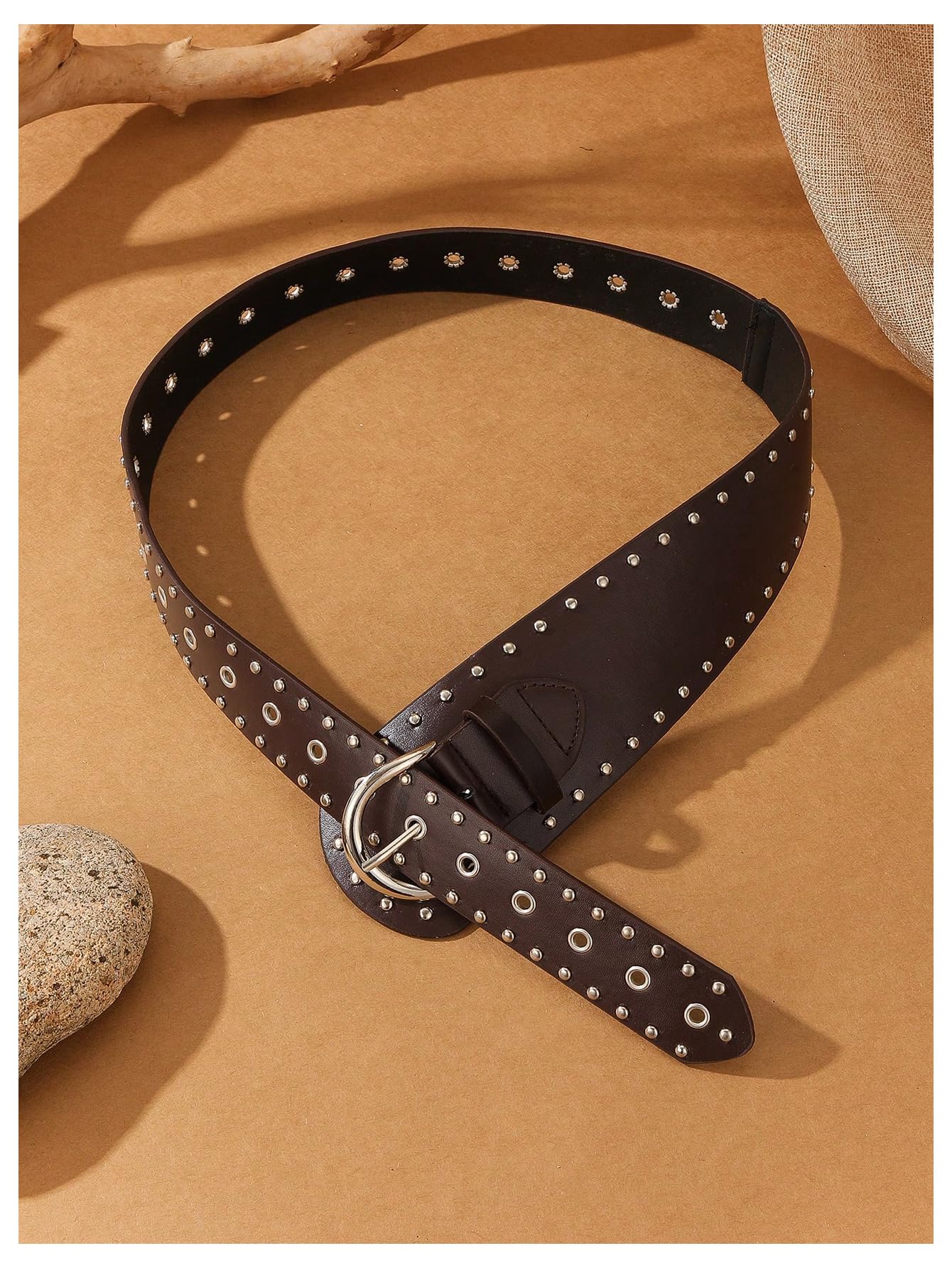 Verdusa Women's Studded Belts Y2k Belt Punk PU Leather Vintage Rave Western Cowgirl Belts Coffee One Size