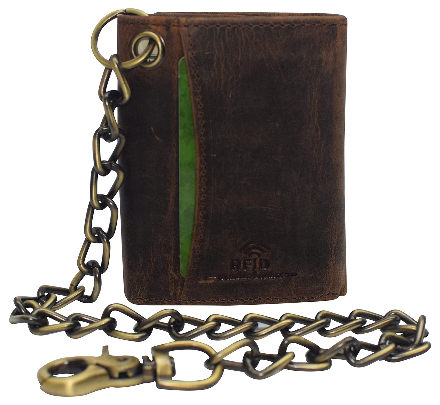 Men's RFID Blocking Trifold Vintage Leather Biker Chain Wallet With Snap Closure (Brown)