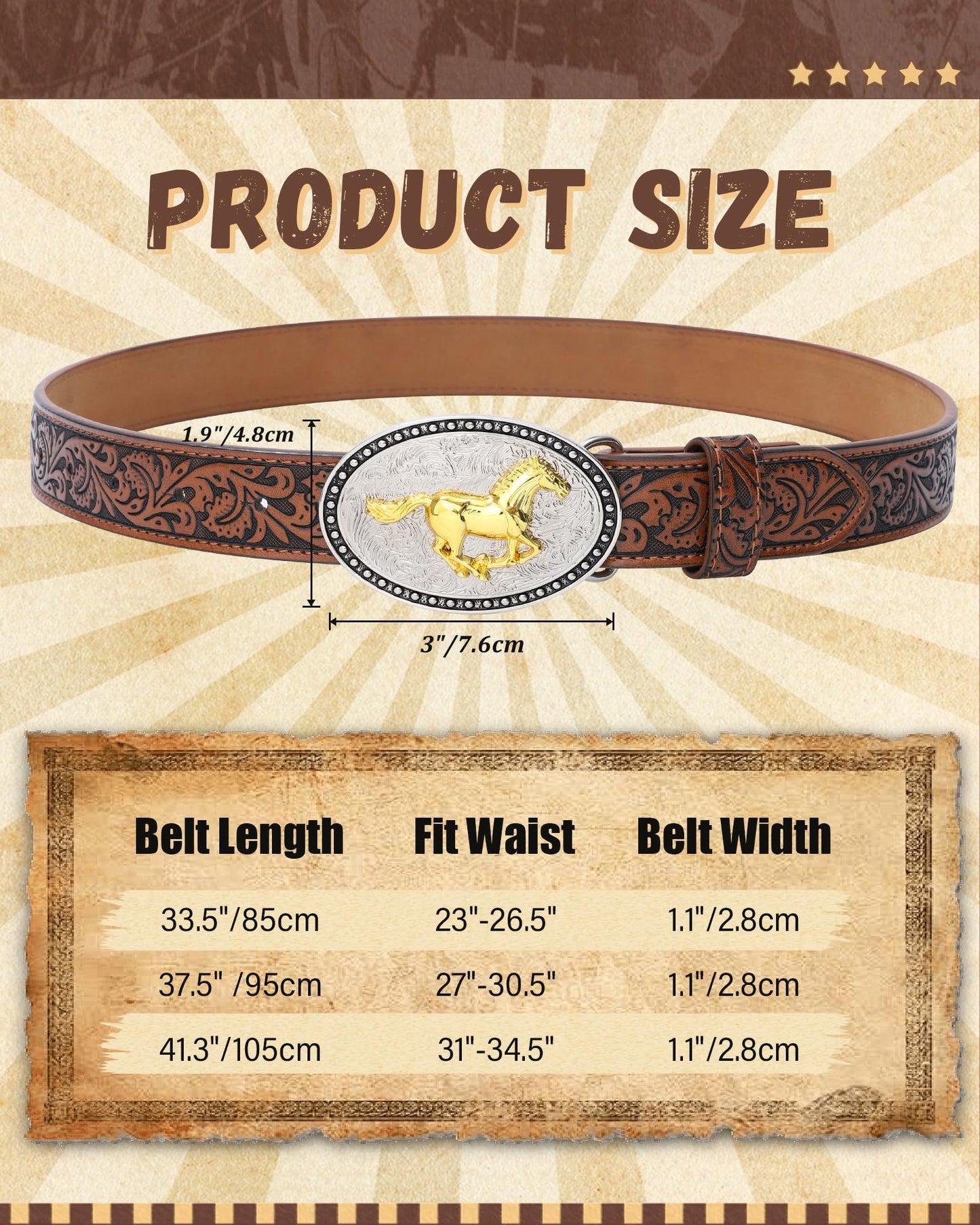 AWAYTR Kids Western Belt with Detachable Buckle - PU Leather, 3 Sizes (23"-34.5"), Adjustable for Daily Wear & Halloween (Horse Buckle-Dark Brown, Fit Waist: 30.5"-35")