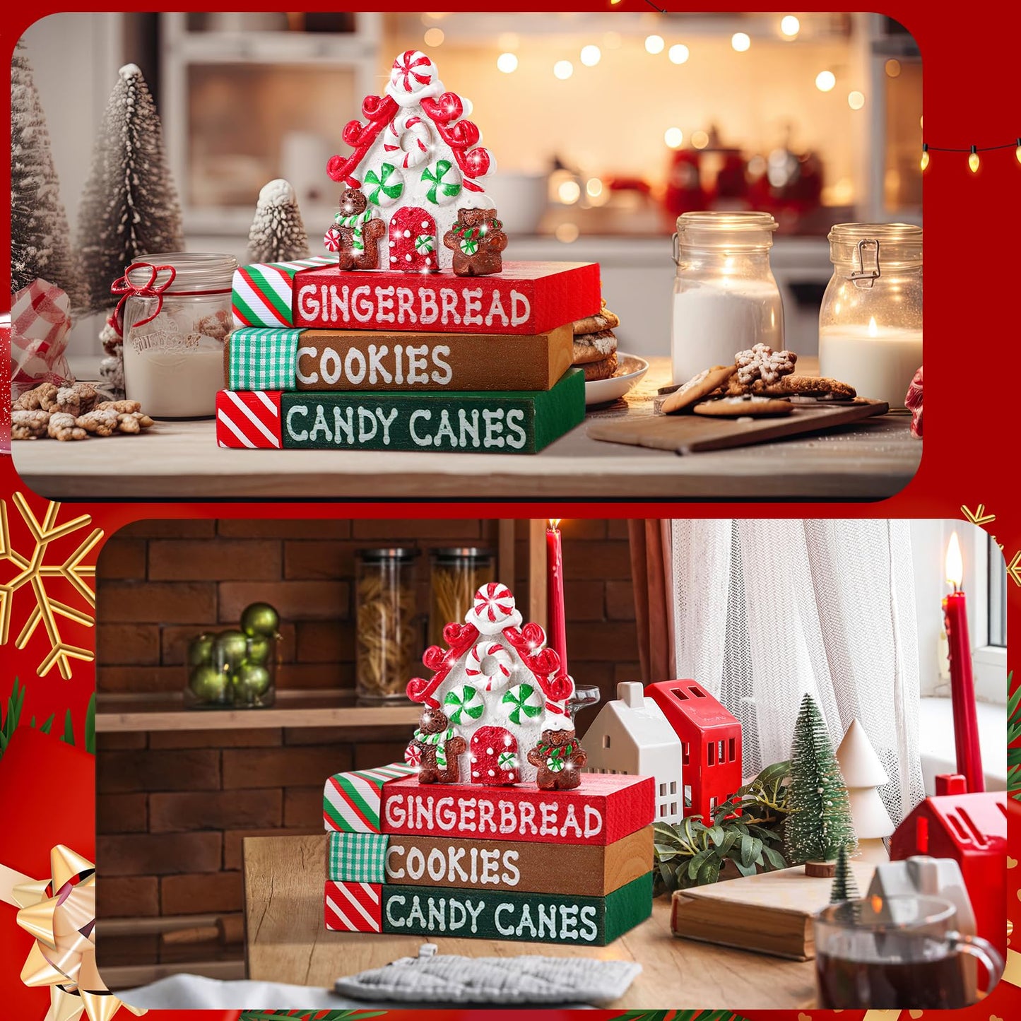 Bucherry Christmas Table Decoration Resin Gingerbread House Tiered Tray Decor Wood Rustic Gingerbread Block Signs Ribbon Book Stacks Christmas Centerpiece Decorative Tray for Farmhouse Home Shelf Gift