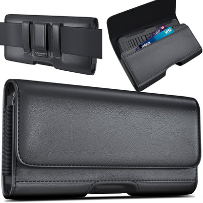 DeBin Cell Phone Case for iPhone Pro Max, Plus Models 16/15/14/13/12/11/Xs Max - Leather Belt Clip Holster with ID/Credit Card Pouch, Magnetic Closure - Black