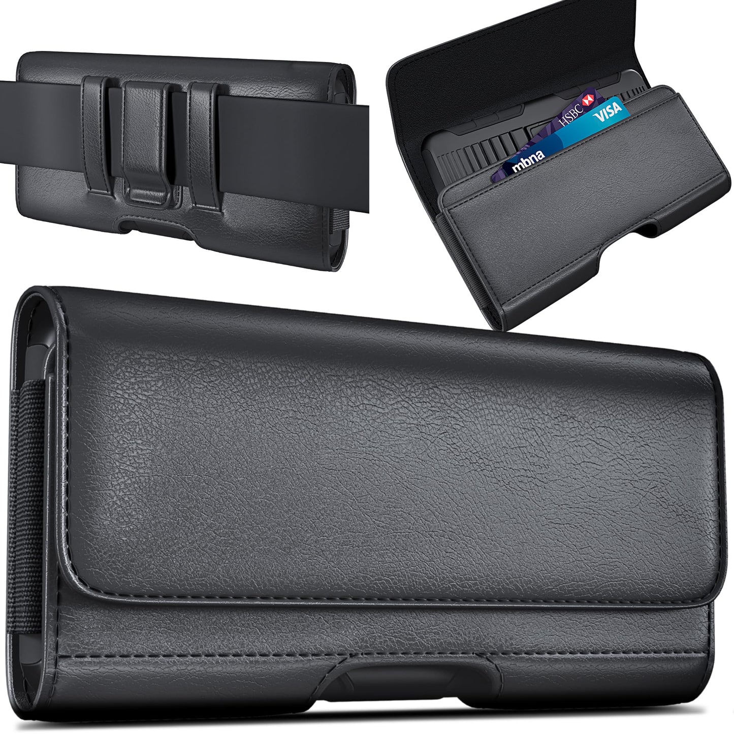 DeBin Cell Phone Case for iPhone 16 16e 15 14 13 12 11 Xs Xs & Pro Models, Leather Belt Clip Holster with ID/Credit Card Pouch, Magnetic Cover - Black