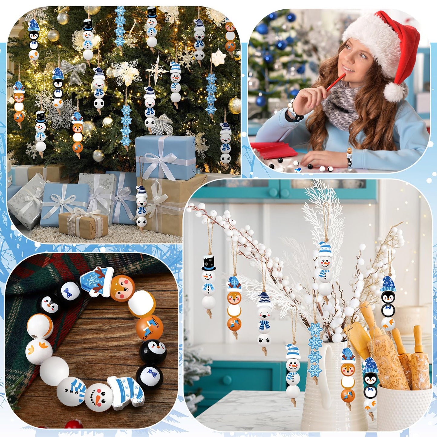 Cinnvoice 240 Pcs Summer Christmas in July Wood Beads with Twine Snowman Gingerbread Man Nutcracker Wooden Bead Garland DIY Crafts Round Beads for Xmas Party Decor(Classic Winter)
