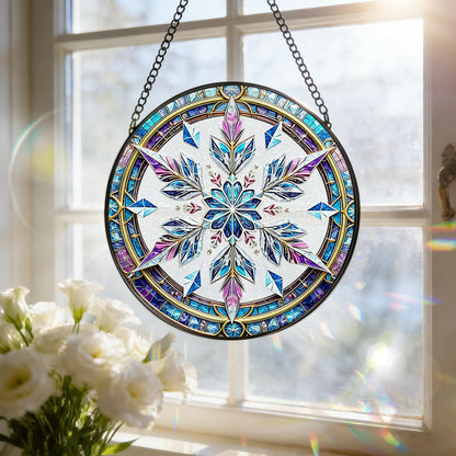 Stained Glass Window Hanging, 7.8 Inch Snowflake Stained Glass Suncatcher, Sun Catchers Indoor Window Ornament, Suncatcher for Windows Hanging, Christmas Window Decor, Winter Christmas Keepsake Gifts