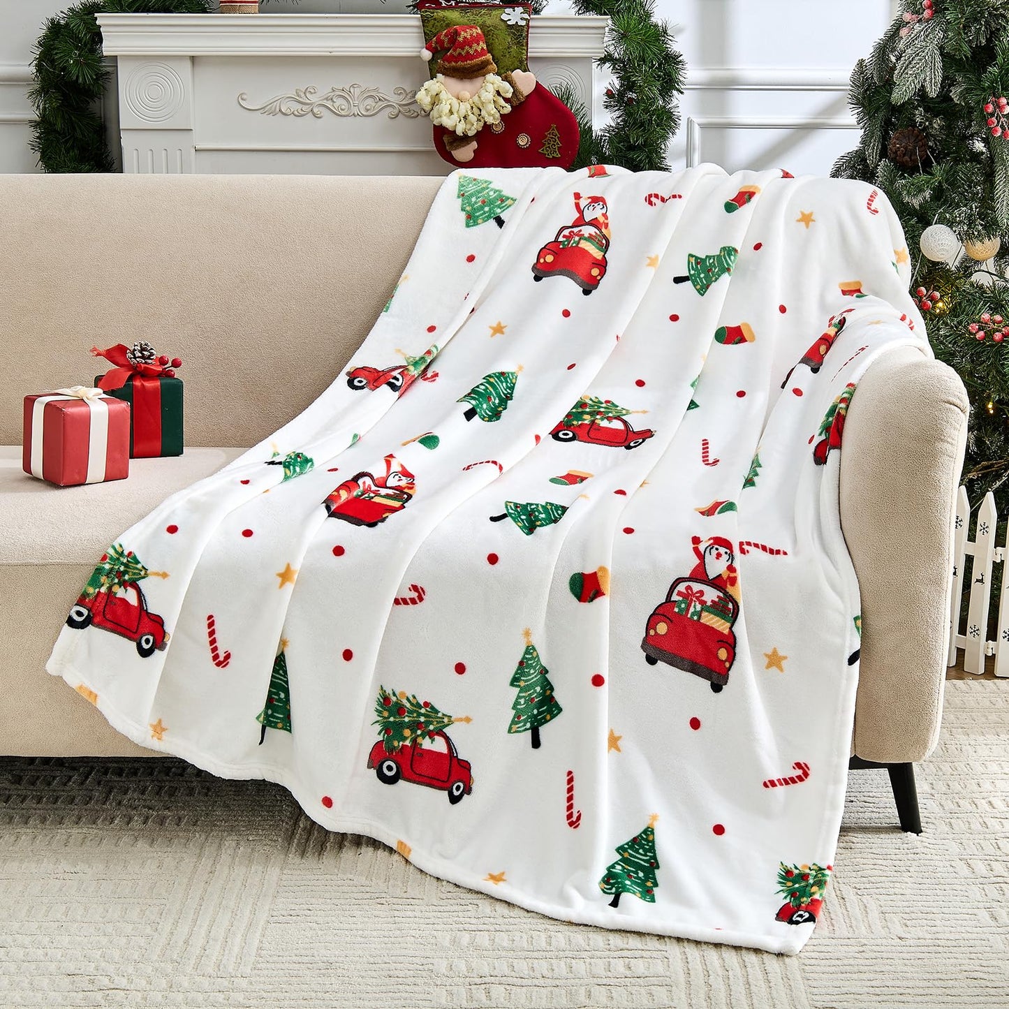 Edenleaf Christmas Blanket - White Holiday Throw with Santa Claus & Snowman - Warm Cozy Fleece Winter Blanket, 50x60 Inches，White