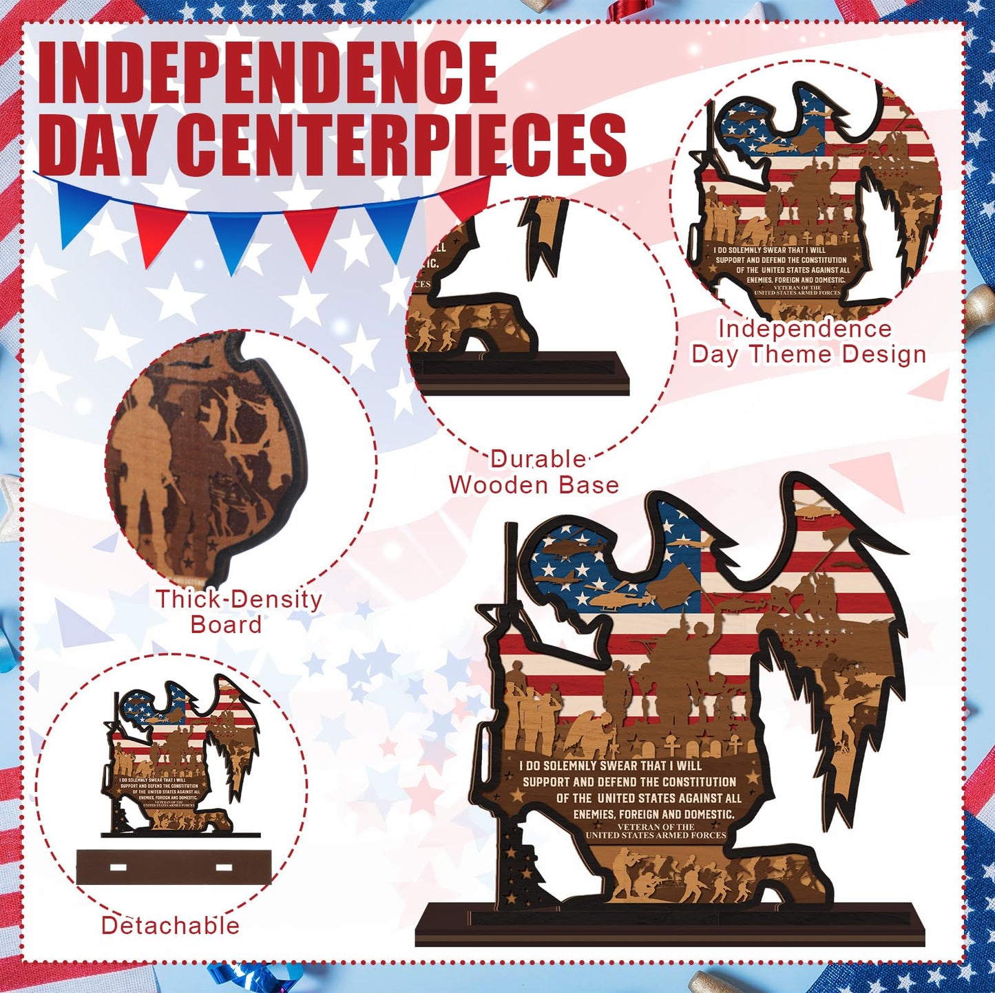 Yuntau 6 Pcs 4th of July Patriotic Table Decorations 250th Anniversary Wood Table Centerpiece American Soldier USA Wooden Tabletop Sign for Independence Veteran Day Shelves Memorial Tiered Tray Decor
