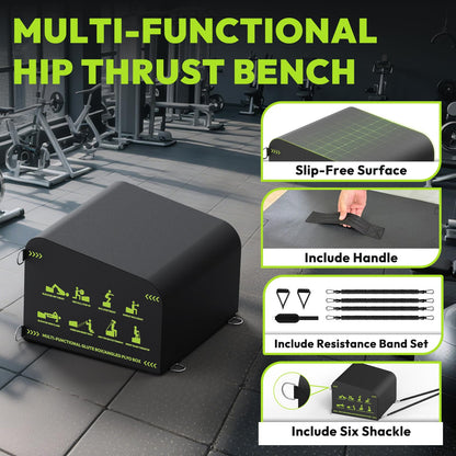 Hip Thrust Bench, Multi-Functional Slip-Free Hip Thrust Machine for Glute Bridge, Box Jump, Push-Ups, Squat, Ab Exercise, Suitable for Home & Gym, Includes 100lb Weight Plates & 4.9ft Olympic Bar