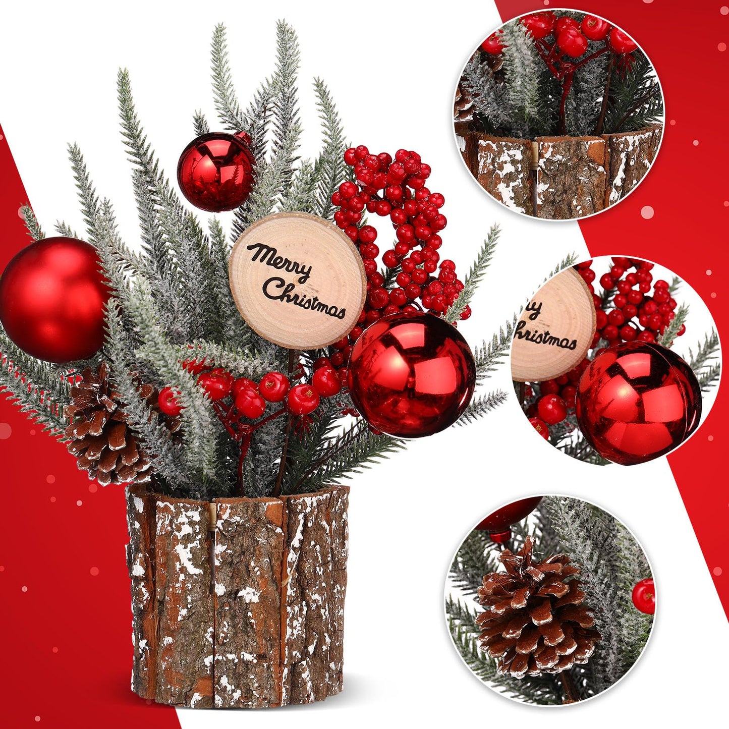 Zhehao Mini Tabletop Christmas Tree 12'' Small Artificial Christmas Tree Centerpiece Wooden Potted Plant with Red Ball Berry Pine Cone Merry Christmas Decor for Christmas Winter Shelf Table Home