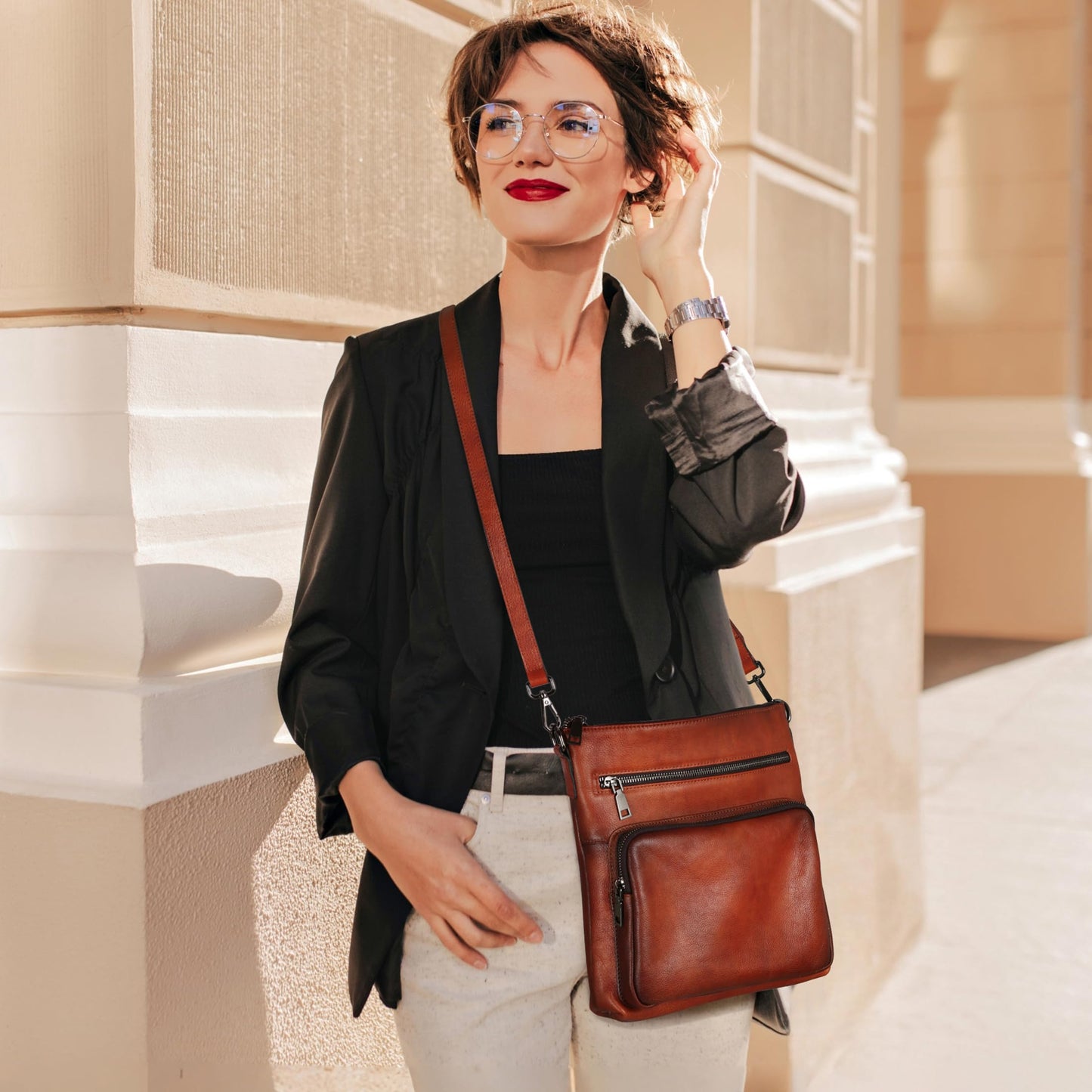 HESHE Genuine Leather Crossbody Purses for Women Soft Leather Purse Satchel Shoulder Bags with Multi Pockets (Brown)