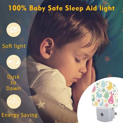 Easter Bunnies and Eggs Night Light, Colorful Rabbits and Flowers Dusk to Dawn Night Light Plug in,0.5w Energy Saving Sleep Friendly NightLight for Kids Boys Girls Home Decor