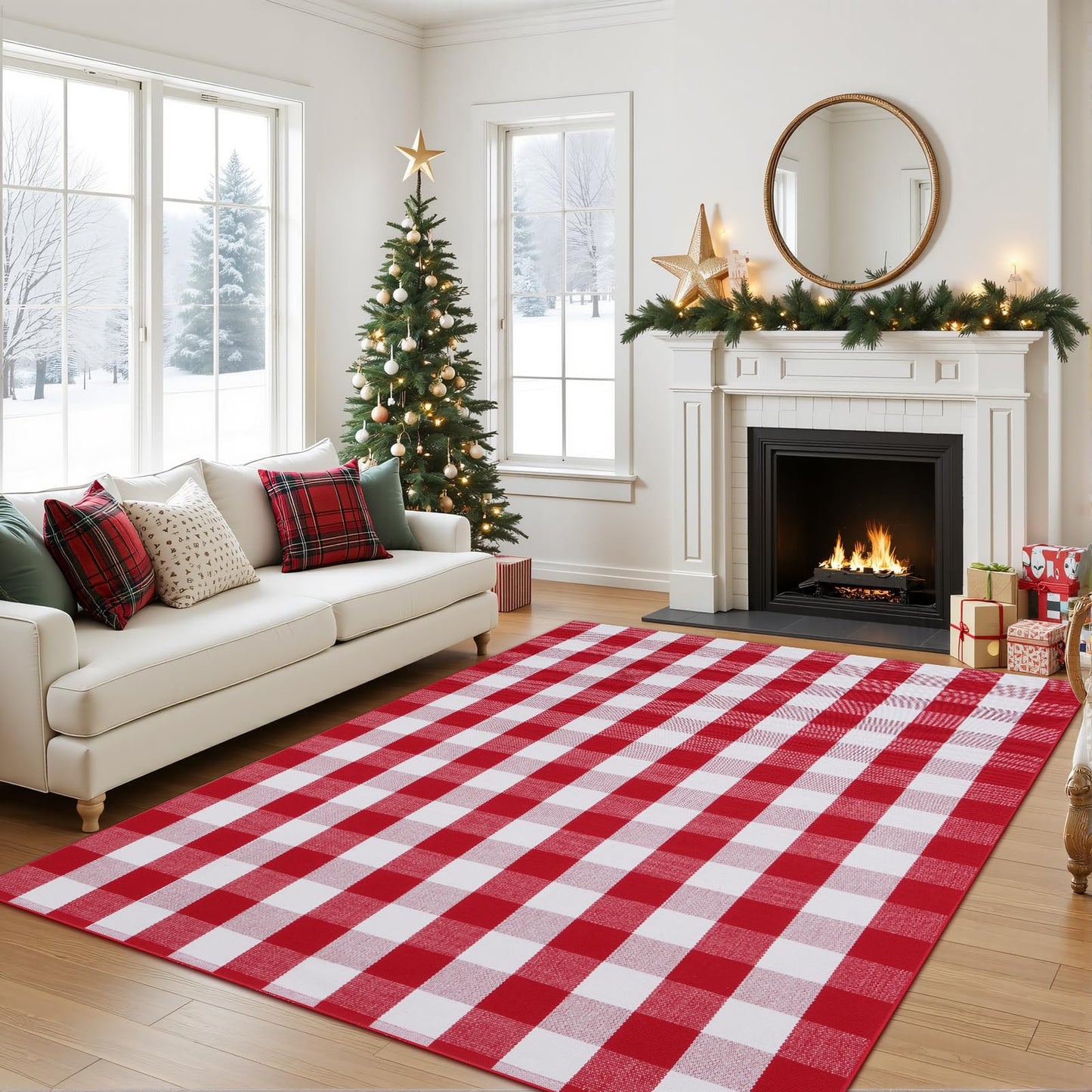 Christmas Red and White Plaid Rug 5 x 7 Ft, Hand-Woven Indoor/Outdoor Layered Cotton Blend Buffalo Plaid Rug, Washable Front Door Mat, Perfect for Porch, Living Room, Entryway