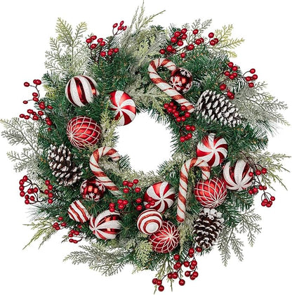 24 inch Christmas Door Wreath, Norfolk Pine Wreaths for Front Door with Candy Cane Red and White Ball Pinecones Berries for Fireplace Xmas Decorations, Wall Window Indoor Outdoor Decor