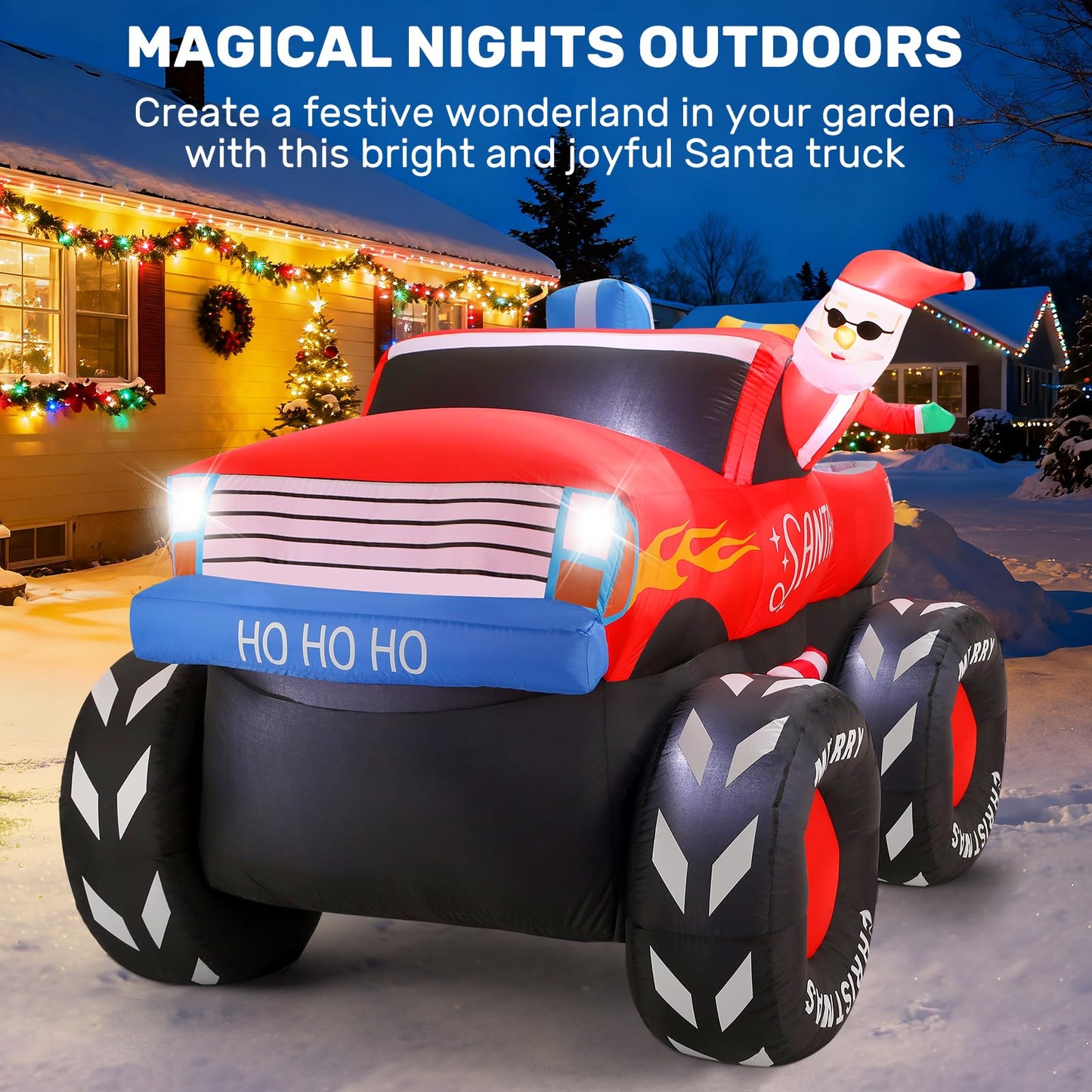 AMKAIO 7 FT Long Santa in Monster Truck Christmas Inflatables Outdoor Decorations, Christmas Blow Up Santa Claus Yard Decorations for Garden Lawn Xmas Decor