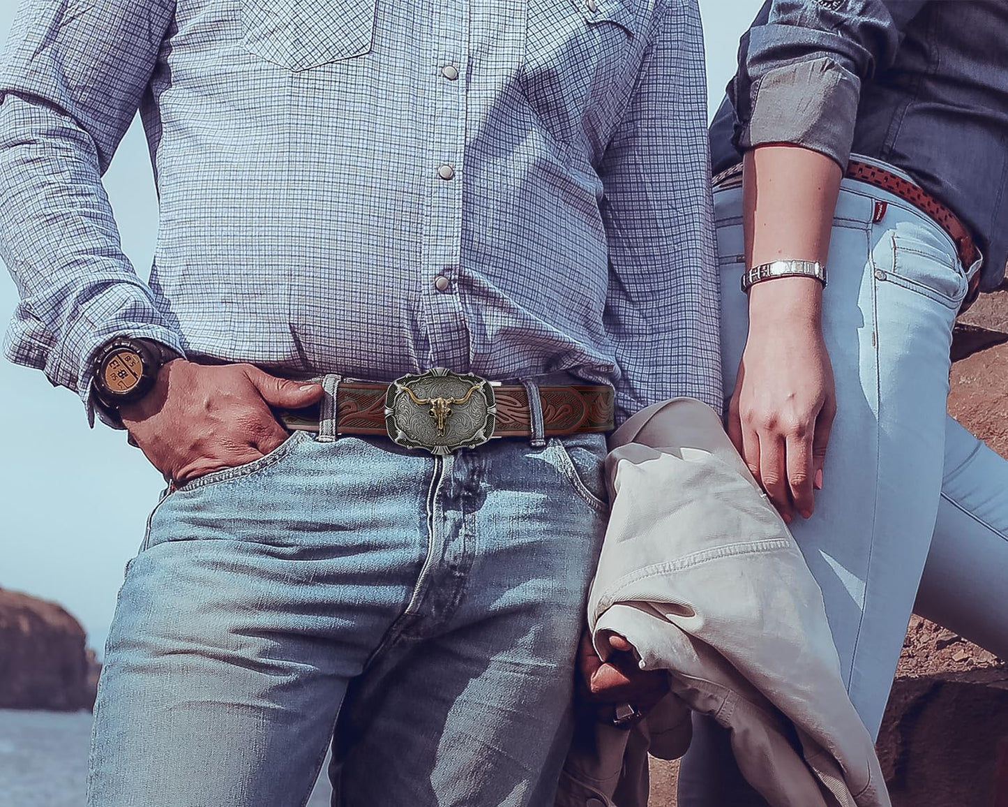 BELTROAD Mens Ratchet Western Belt Leather Cowboy Ratchet Belts for Men Leather Ratcheting Belts for Jeans Casual Adjustable Belt for Men with Automatic Cowboy Buckle Men's Belts