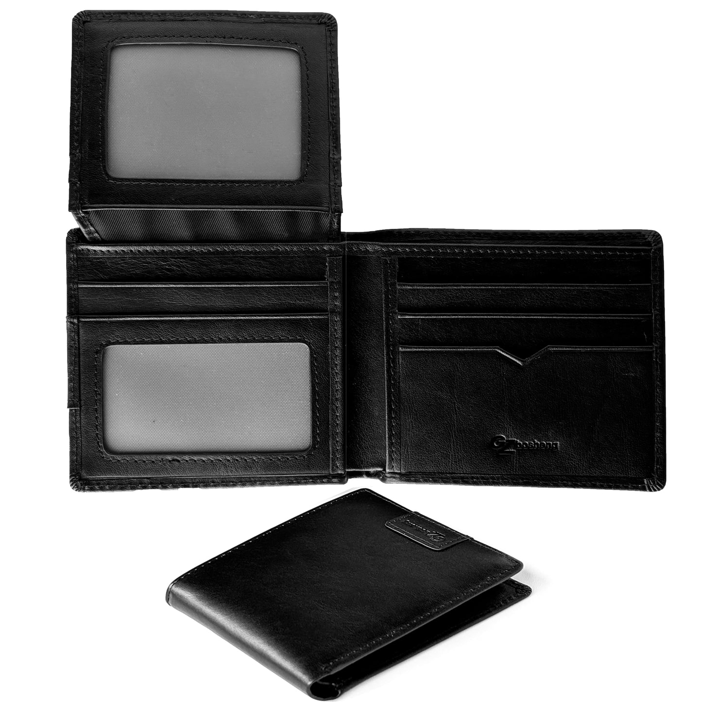 GZBOSHENG Mens Genuine Leather Bifold RFID Blocking Wallet for Men with 2 ID Window 9 Card Holders 2 cash pockets,Includes Gift Box for Father (Black)