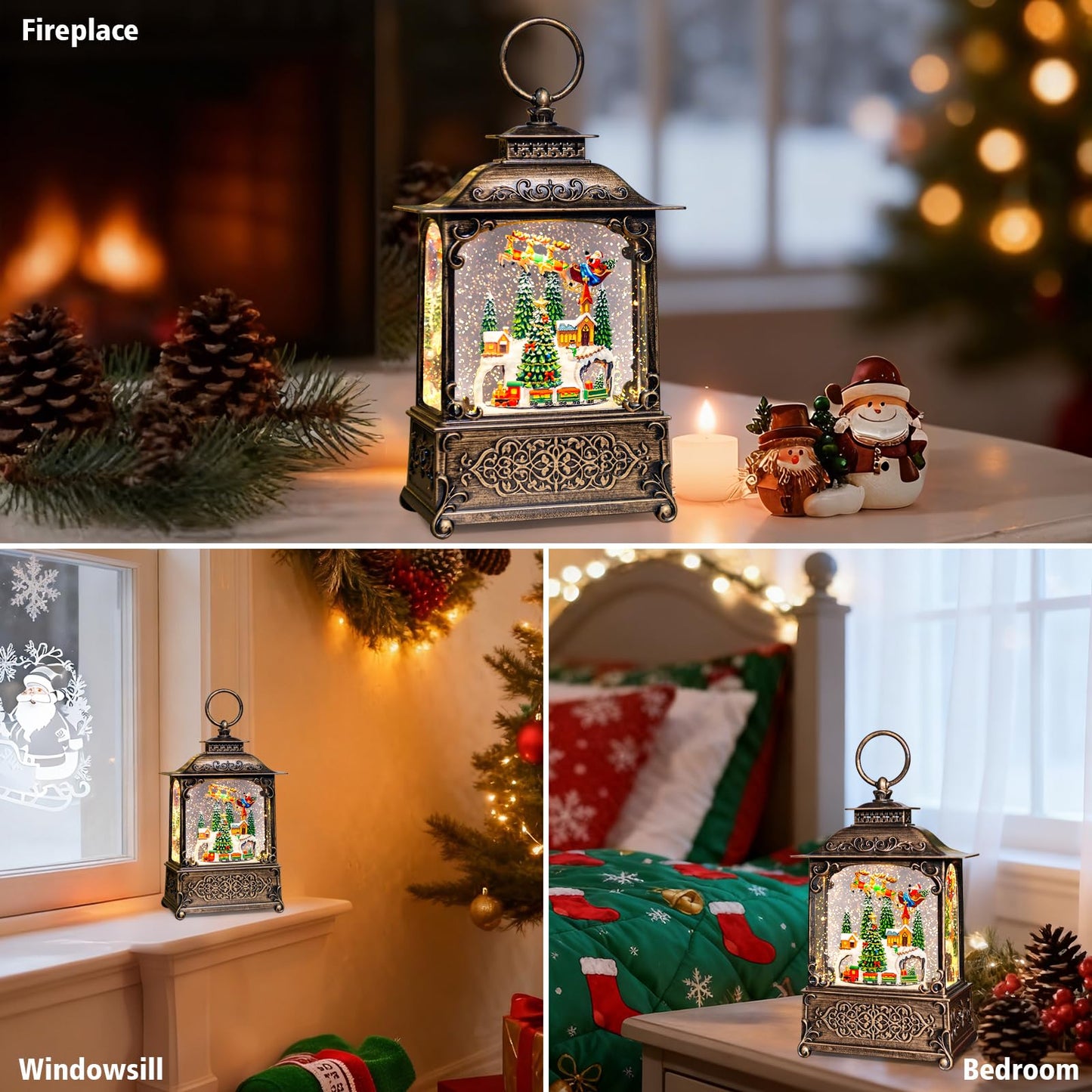 Christmas Snow Globes Lantern with Music, Winter Village Scene Snow Globes with Swirling Glitter Effects, USB/Battery Powered with 6-Hour Timer, Christmas Decorations