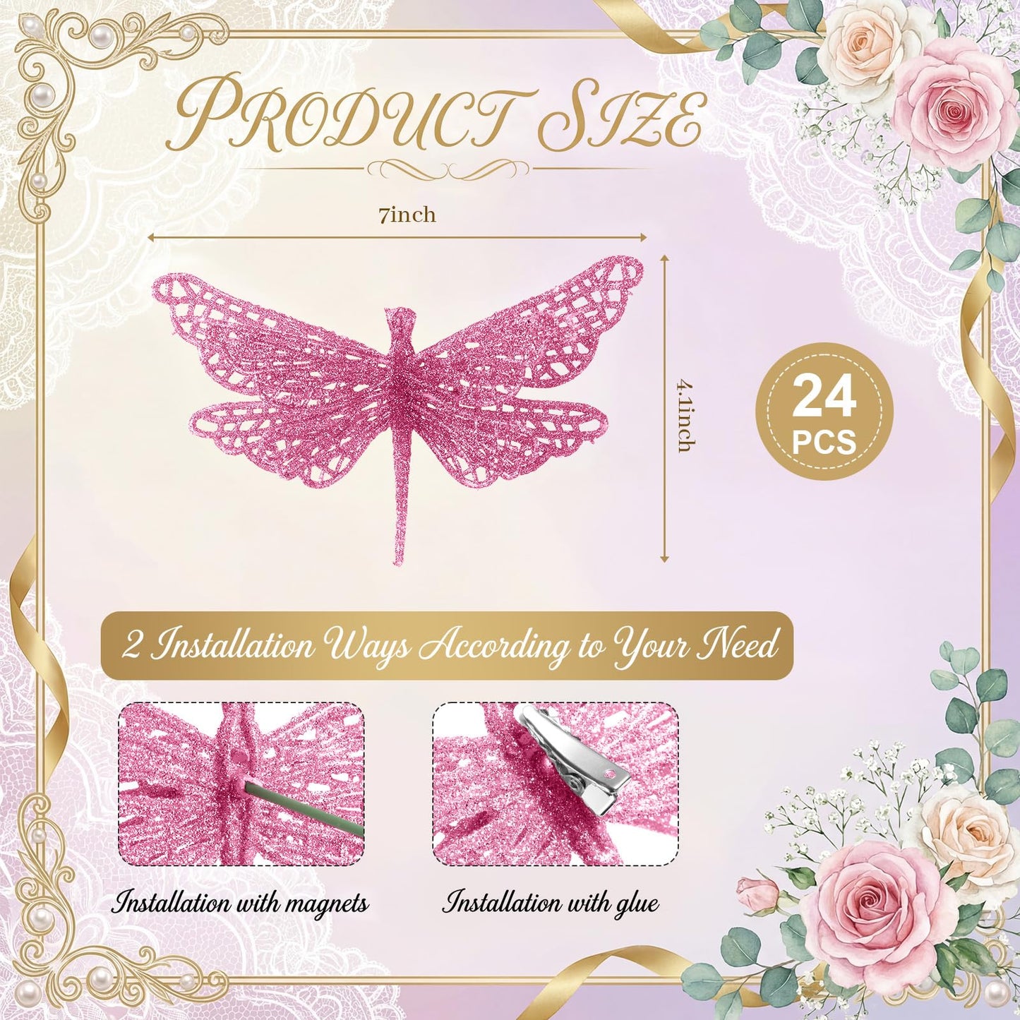 Motionchic 24 Pcs Glitter Dragonfly Decorations, Pink 3D Dragonfly Wall Decor with Clips Stem for Spring Summer Garden Party Wedding, Glitter Dragonflies for Floral Arrangement DIY Craft