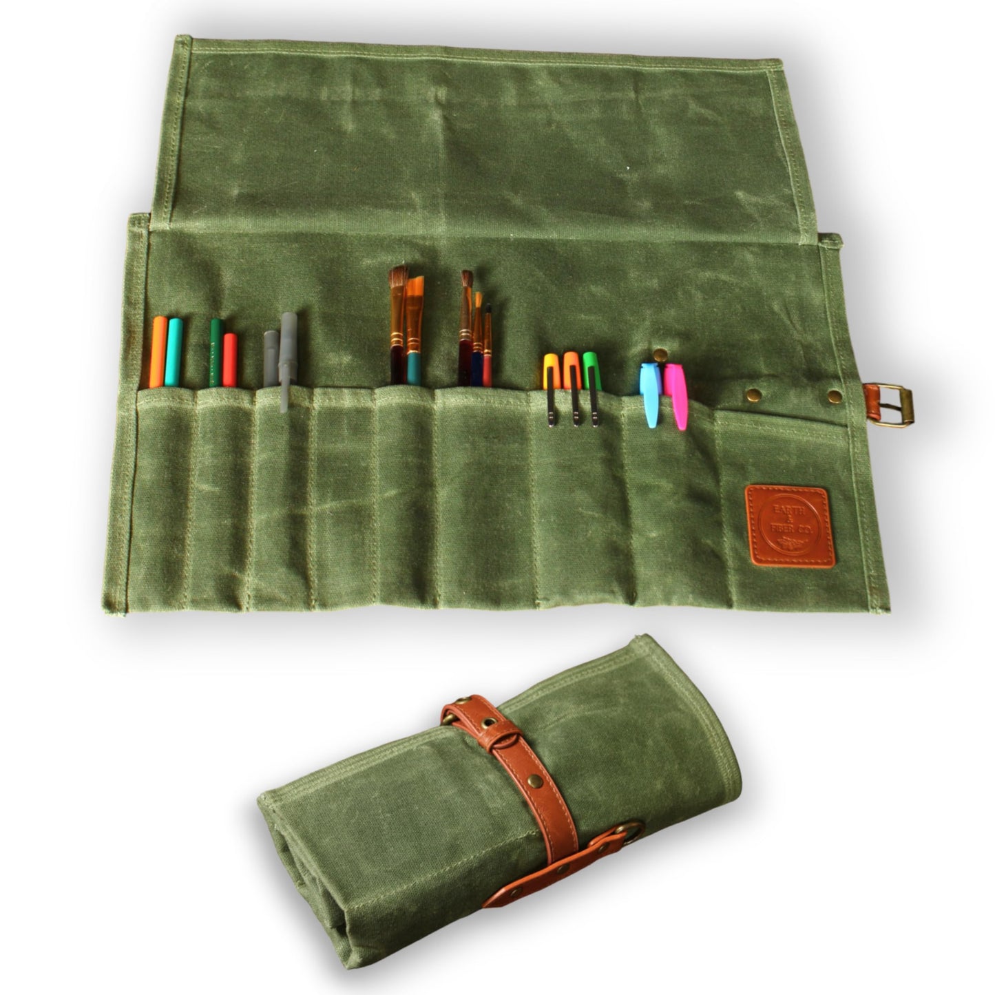 Earth & Fiber Co. Compact Waxed Canvas Paint Brush Holder - Portable Art Bag for Painting & Drawing - Art Supplies Organizer - Storage Roll Bag for Artists