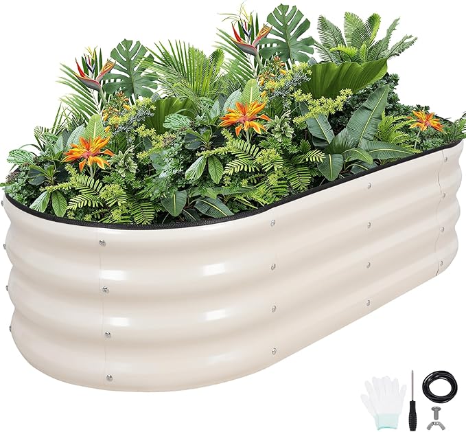 G GOOD GAIN Raised Garden Beds - 4x2x1ft Galvanized Planter Boxes Kit with Protective Tape & Gloves & Tools | Oval Metal Outdoor Raised Bed for Gardening Vegetables, Fruits, Flowers, Herbs, White