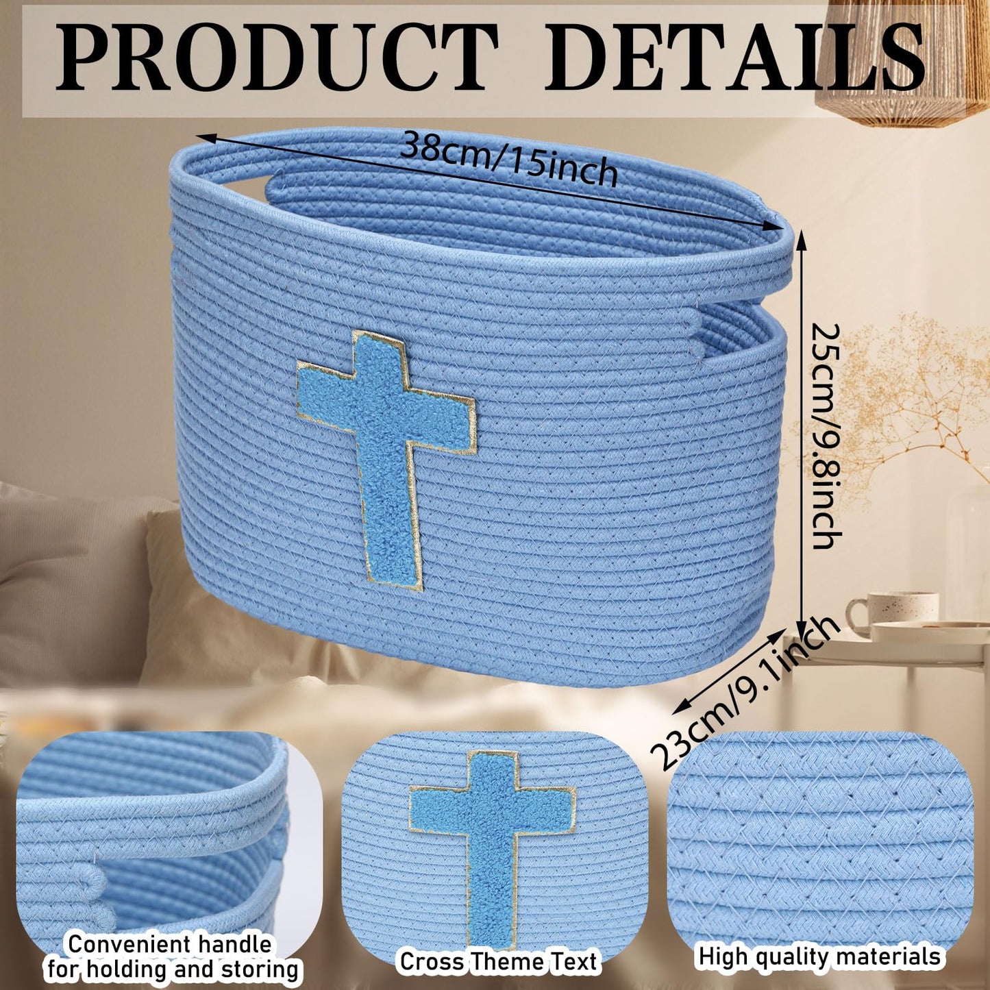 Sliner Christian Gifts Basket with Handles, Christian Cross Design Cotton Rope Basket Gifts Stuffers Storage for Christenings Religious Christmas Occasions, 15 x 10 x 9 Inch(Blue)