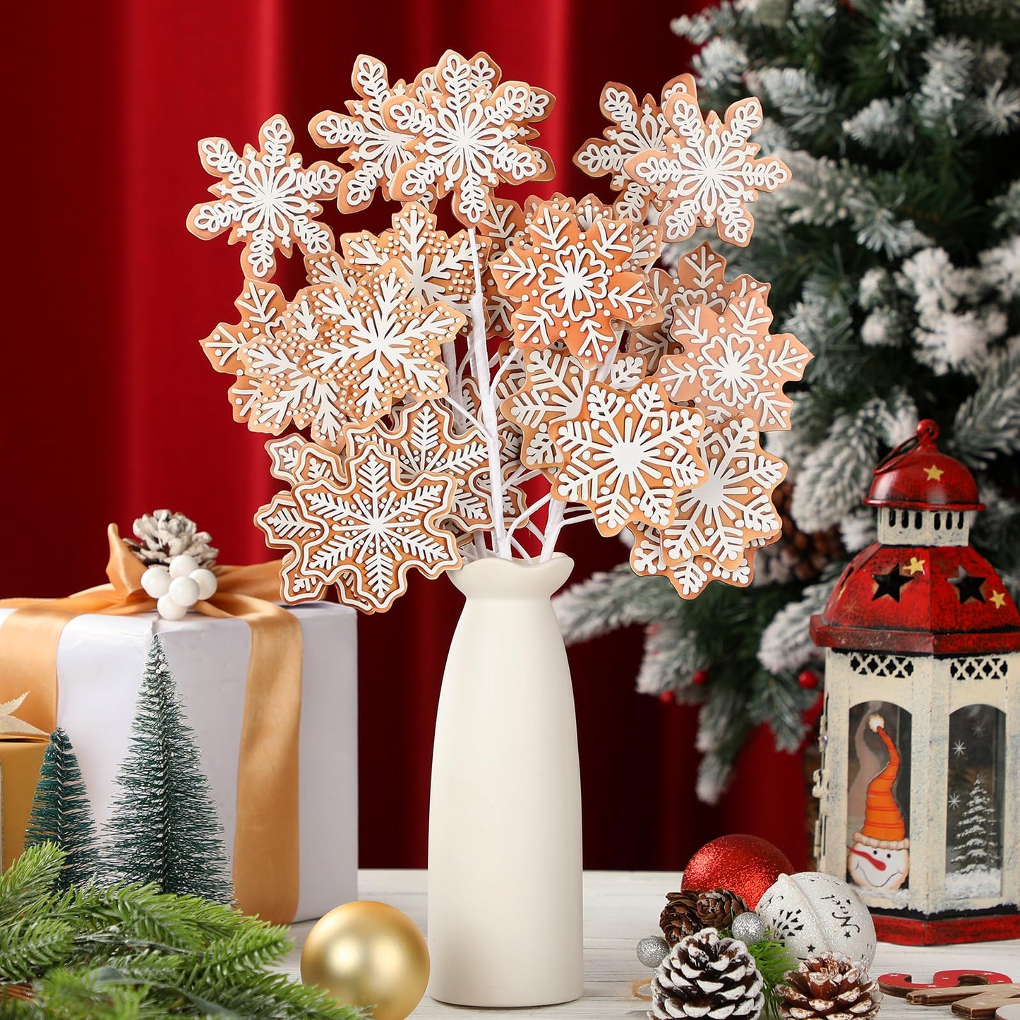 Sosation 6 Pcs 15.8 Inch Christmas Gingerbread Snowflake Picks Gingerbread Snowflake Shape Christmas Tree Sprays Xmas Wooden Ornaments Craft for Xmas Tree Decorations Home Office Vase Party Ornaments