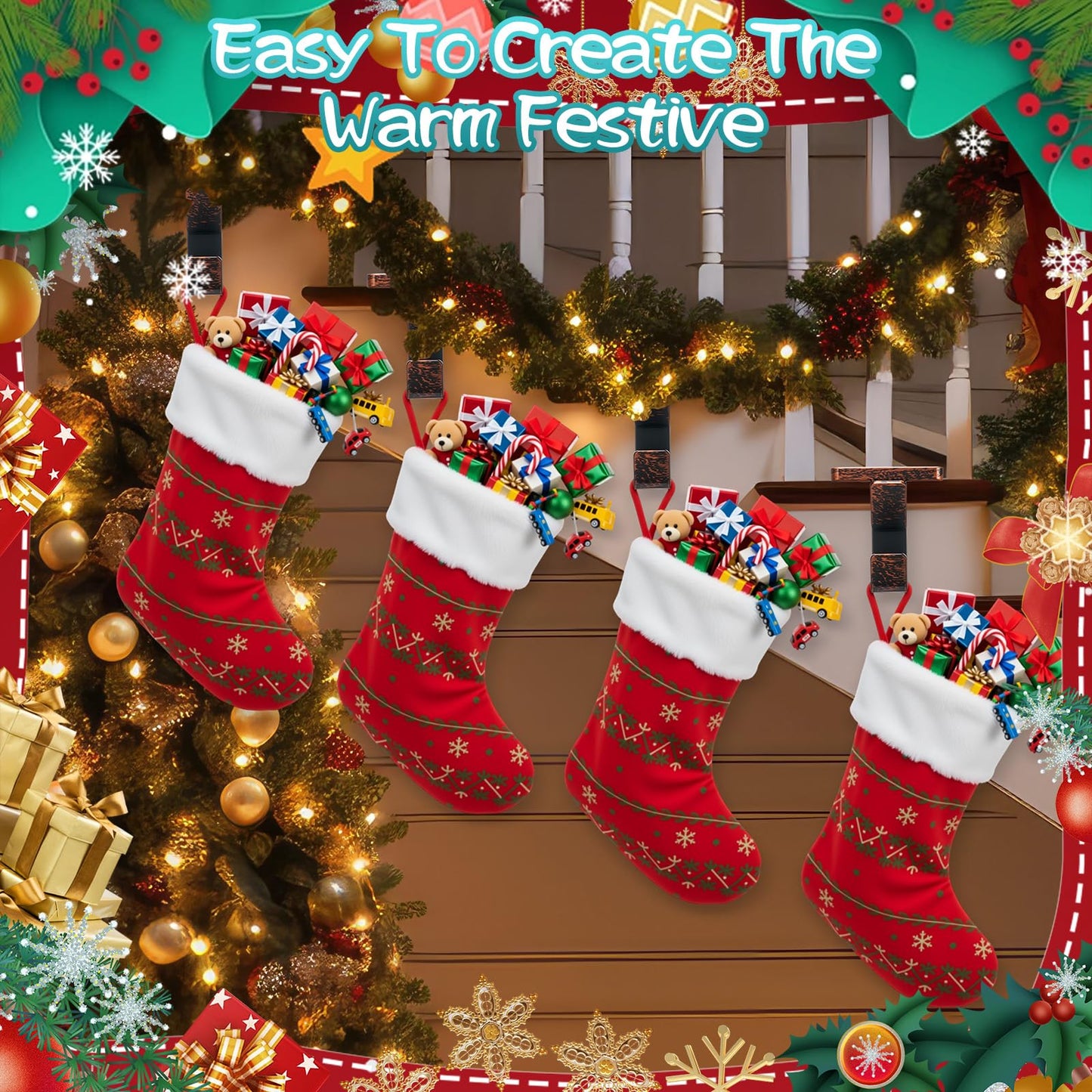 Chunful 2 Pcs 2 in 1 Fireplace Garland and Stocking Hangers Christmas Stocking Holder for Mantel Heavy Duty Metal Stocking Hanger Base for Fireplace Holiday Xmas Party Decor (Bronze)
