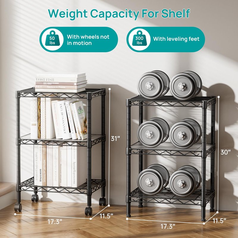 SINGAYE 3 Small Shelves Storage Shelf Wire Shelving Unit Metal Shelf Adjustable Organizers Storage Shelving with Wheels for Bathroom Laundry Room Kitchen Pantry11.6”D x 17.6”W x 30”H Black